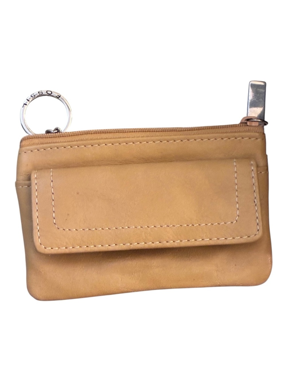 Fossil Beige Leather Mini Zip Card Pouch with Key Ring